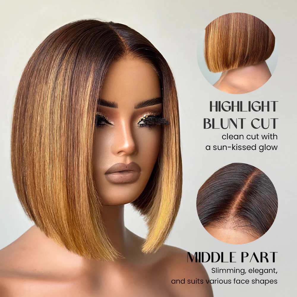 Ombre Brown With Honey Blonde Highlights Adjustable Cap Virgin Hair Bob HD Lace Wig