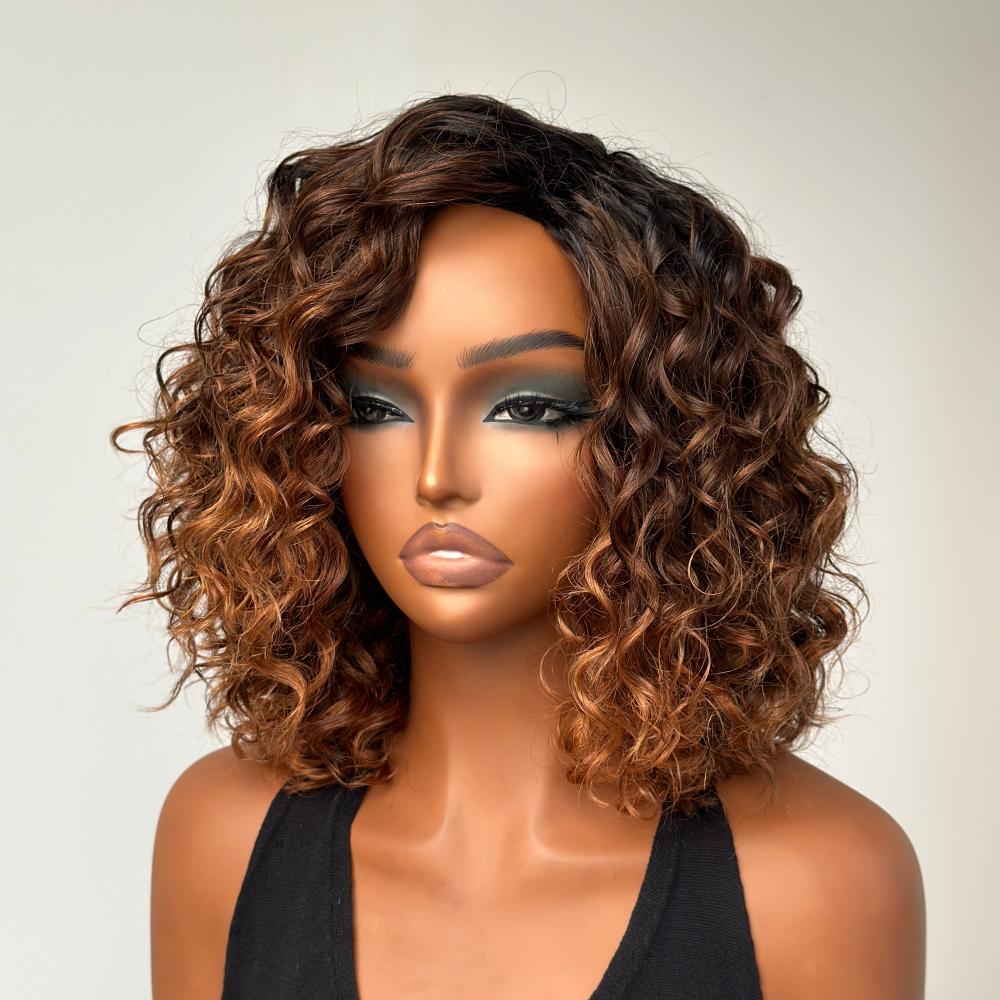 Glueless Ombre Brown Curly Human Hair Wig