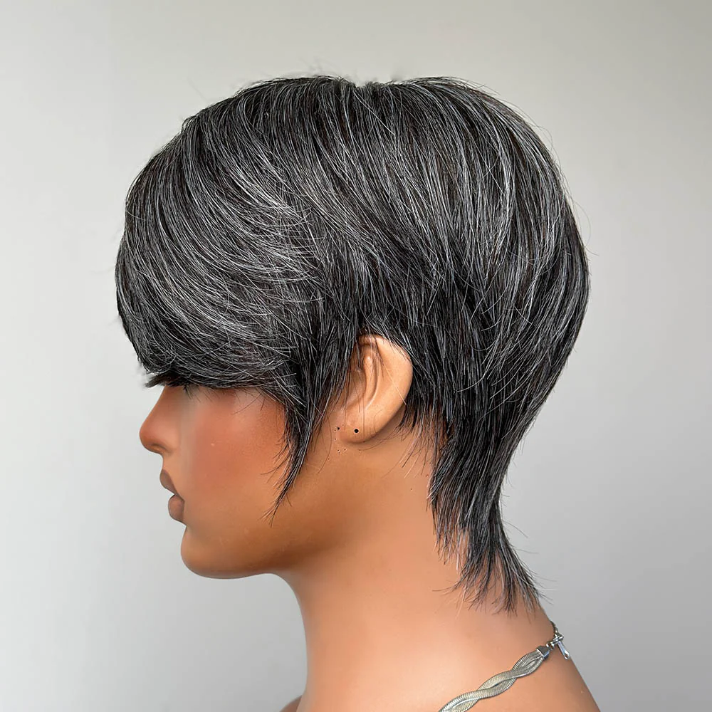 Short Silver Pixie Human Hair Wig with Side Bangs