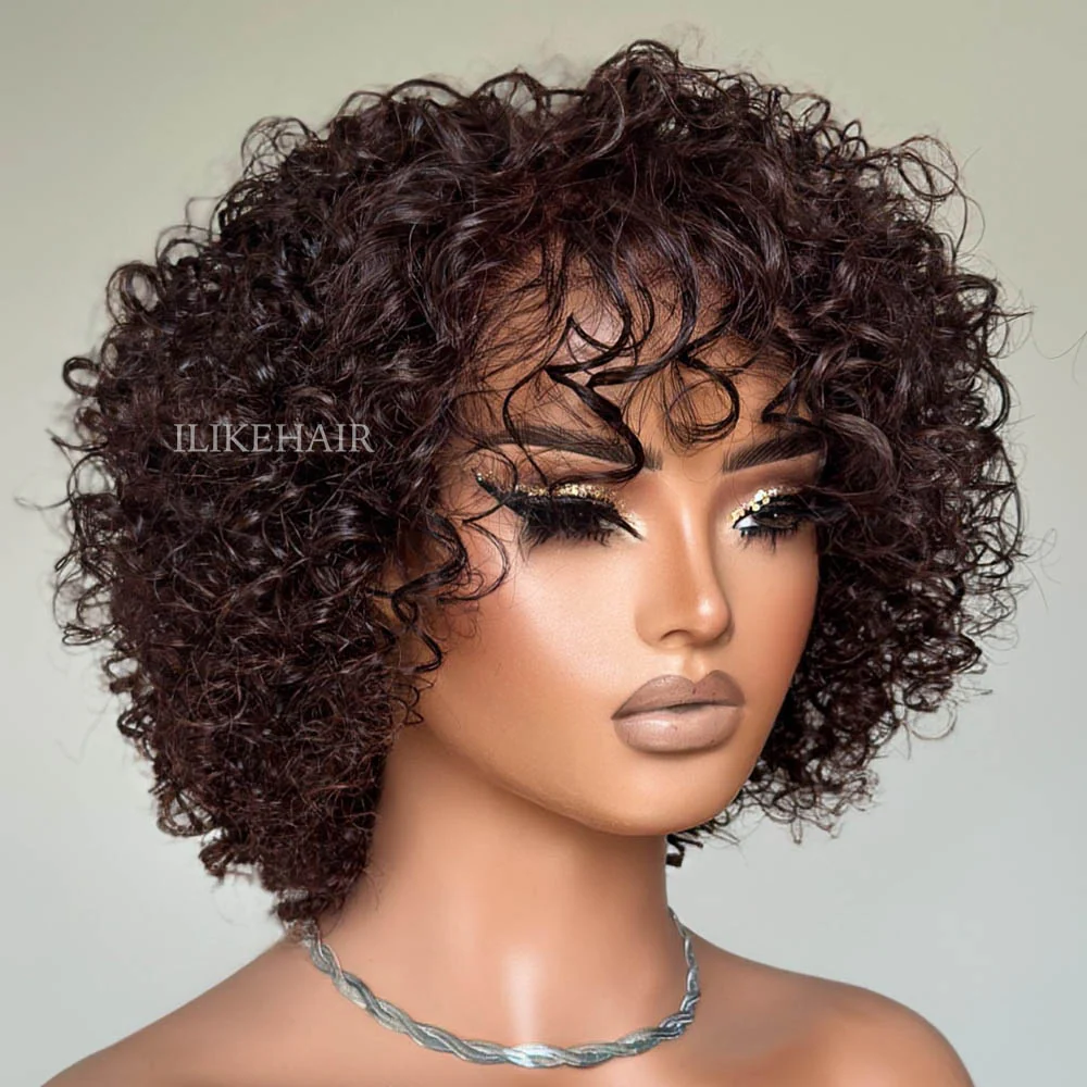 Glueless Short Curly African Bob Wigs Brown Human Hair Lace  Wig