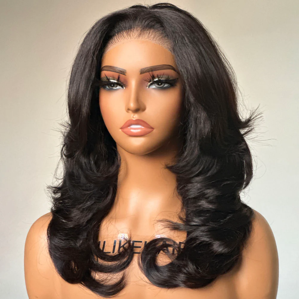 Layered Cut Wavy Human Hair Lace Front Wig With Butterfly Bangs