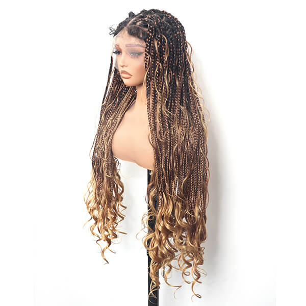 Boho Knotless Braided with Ombre Brown & Honey Blonde French Curls Invisi Drawstring Wig