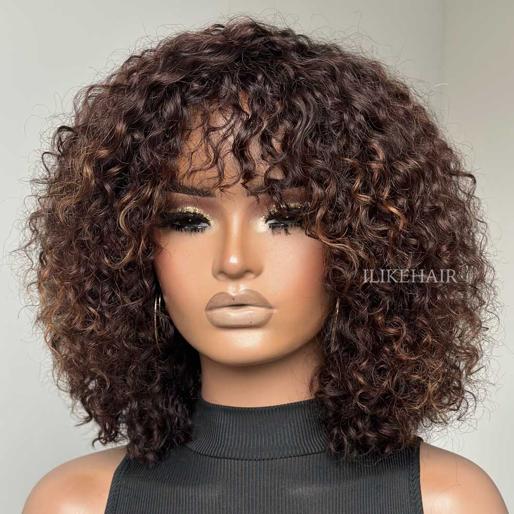 Put on & Go Brown Highlight Curly Bob Wig With Bangs