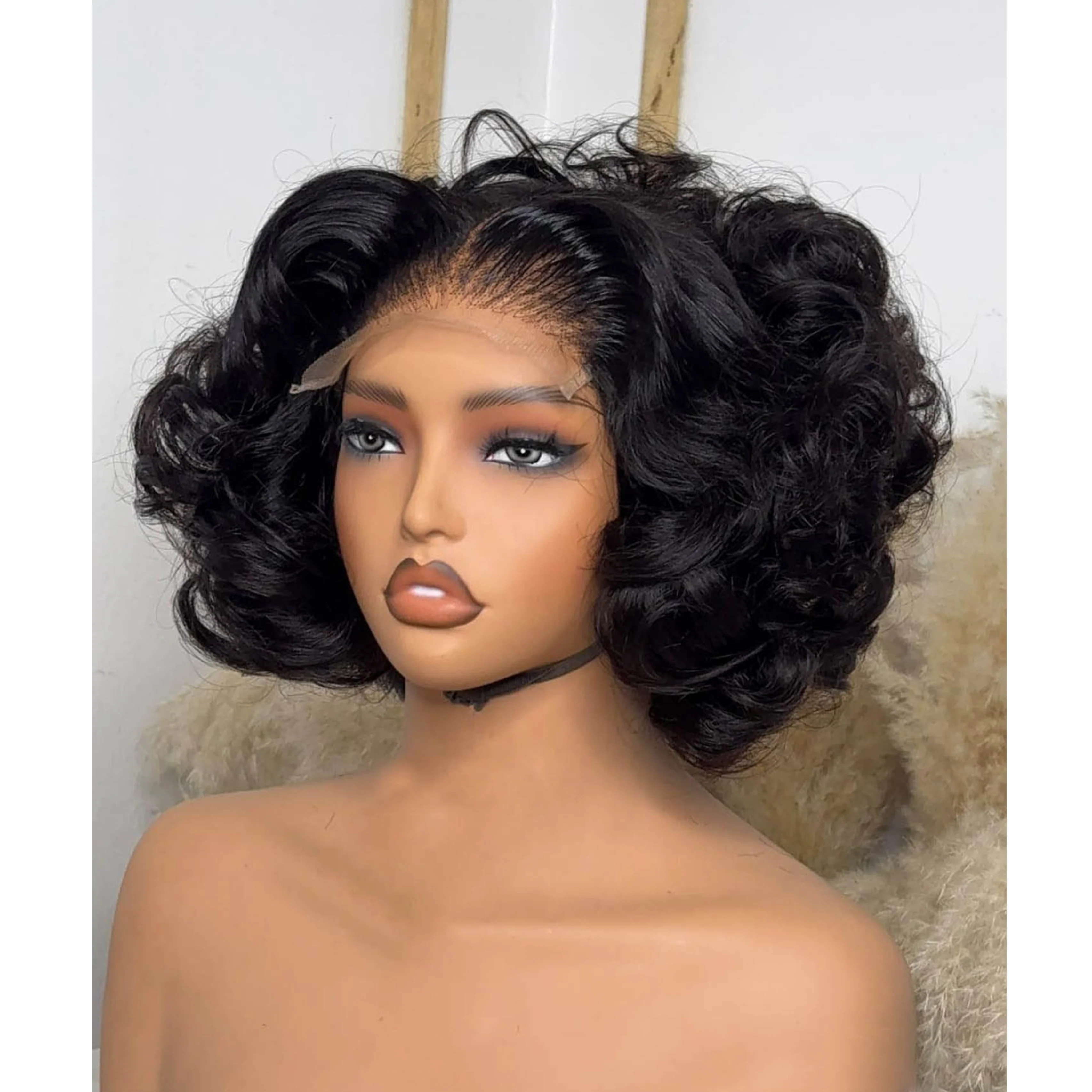 Short Bouncy Wave Natural Black Lace Closure Bob Wig