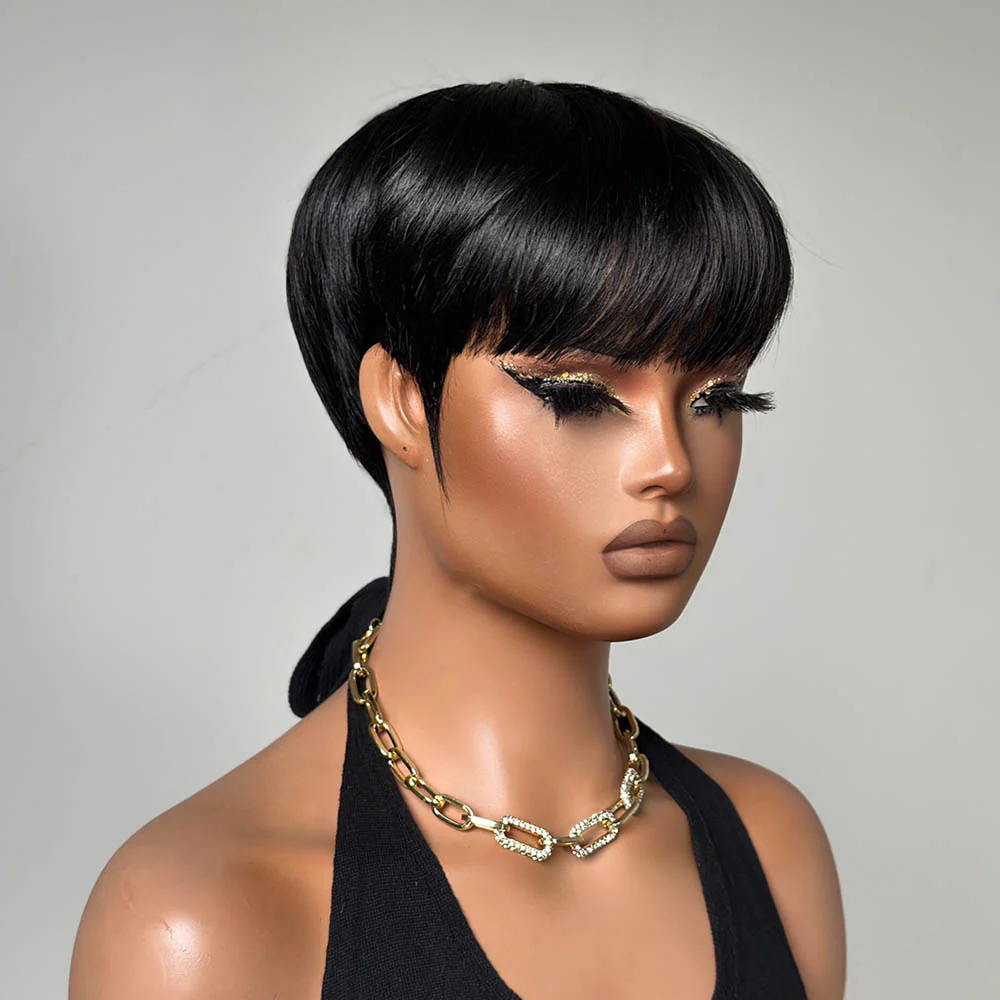 Put on  & Go Natural Black Short Pixie Hair Bowler Cut Wig