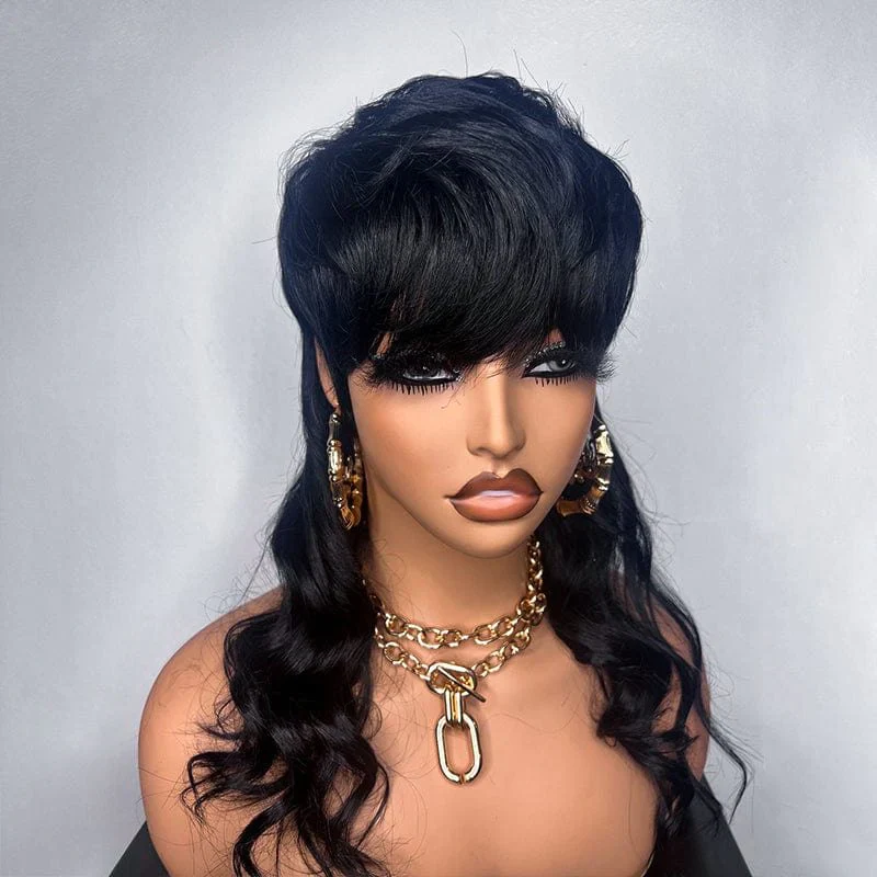 Glueless Mullet Wigs With Bangs Human Hair