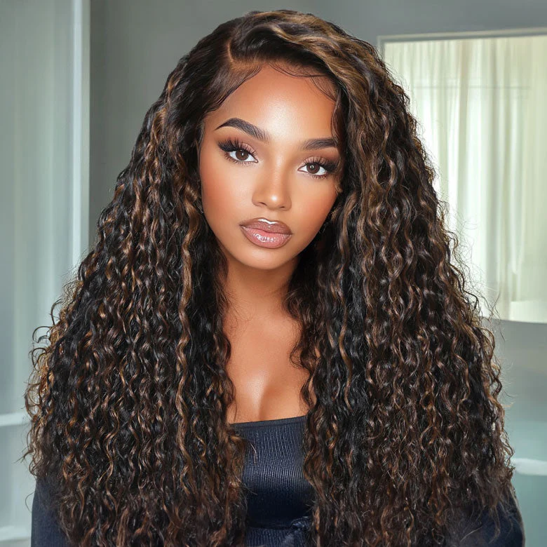 Glueless Golden Brown Highlight Wig Water Wave Curly Lace Closure Wig