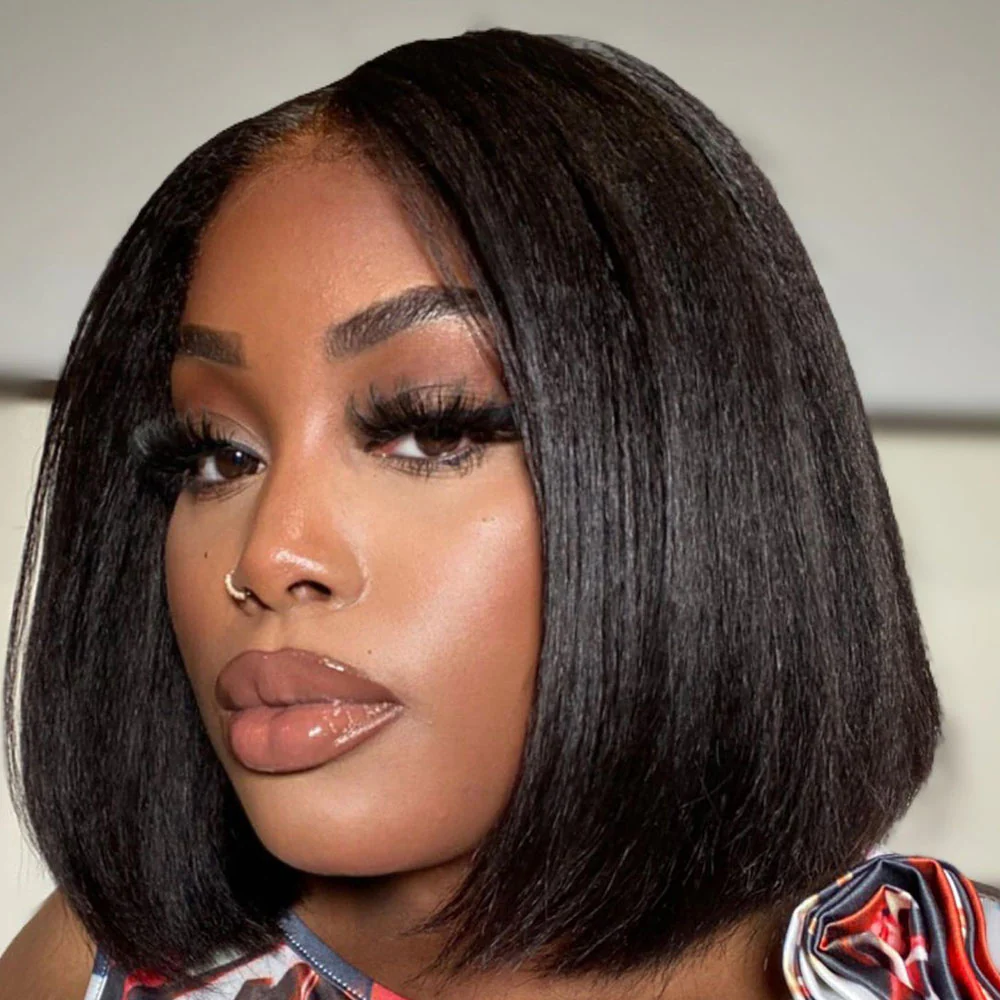 Put on & Go 5x5 Kinky Straight 4C Kinky Edges Pre Cut HD Lace Short Bob Wig