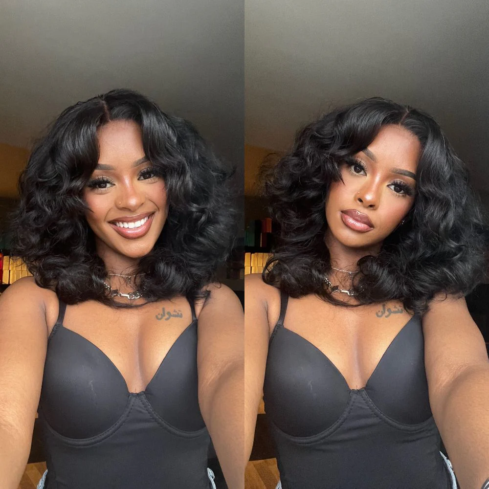 Glueless Layered Wavy Pre-cut With Curtain Bangs Lace Closure Wig