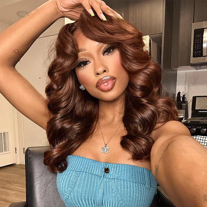 Put on & Go Chestnut Brown Layered Wavy With Curtain Bangs 5x5 Lace Closure Wig