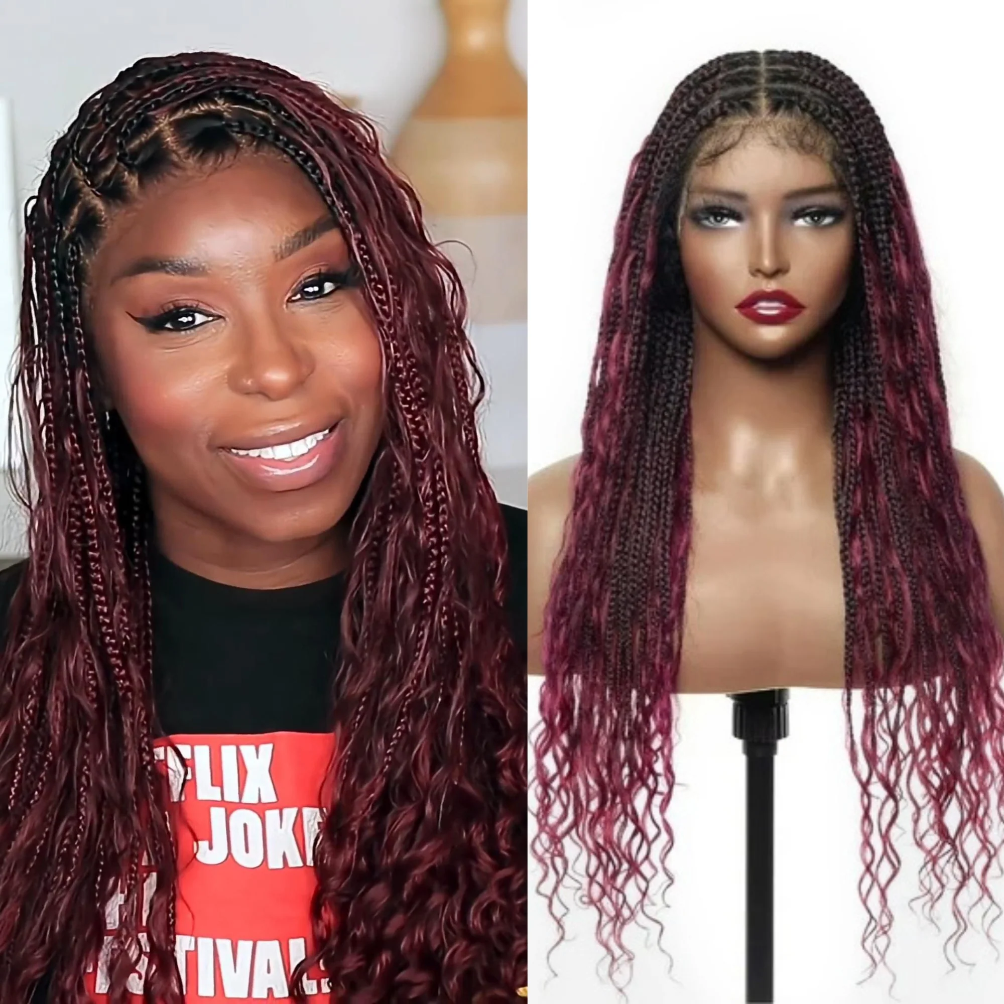 Ombre Burgundy Full Lace Boho Braided Wig With Invisi Drawstring