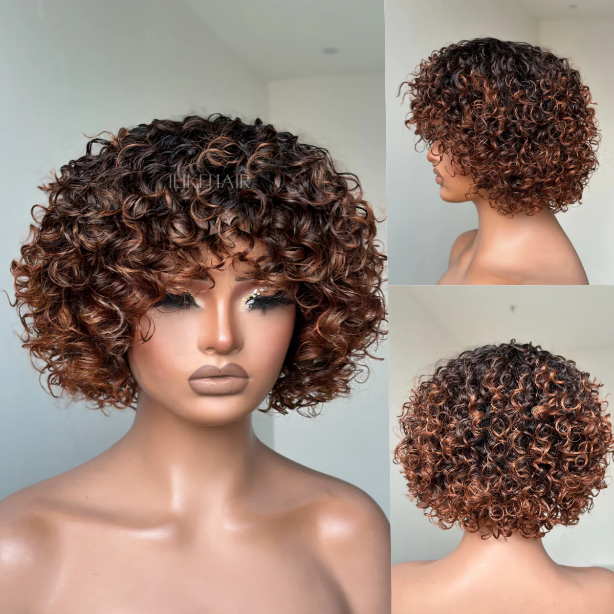 Put On & Go Short Ombre Auburn Brown Curly Wig With Bangs