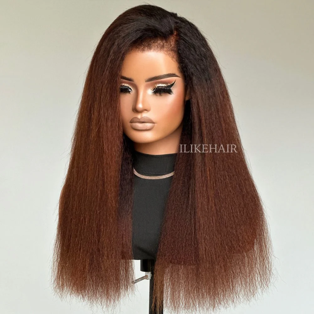 Ombre Brown Kinky Straight 9x4 HD Lace Glueless With 3C Hybrid Hairline Wig
