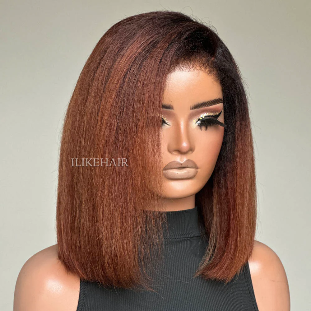 Put on & Go Ombre Brown Kinky Straight Bob HD Lace With Kinky Edges Wig