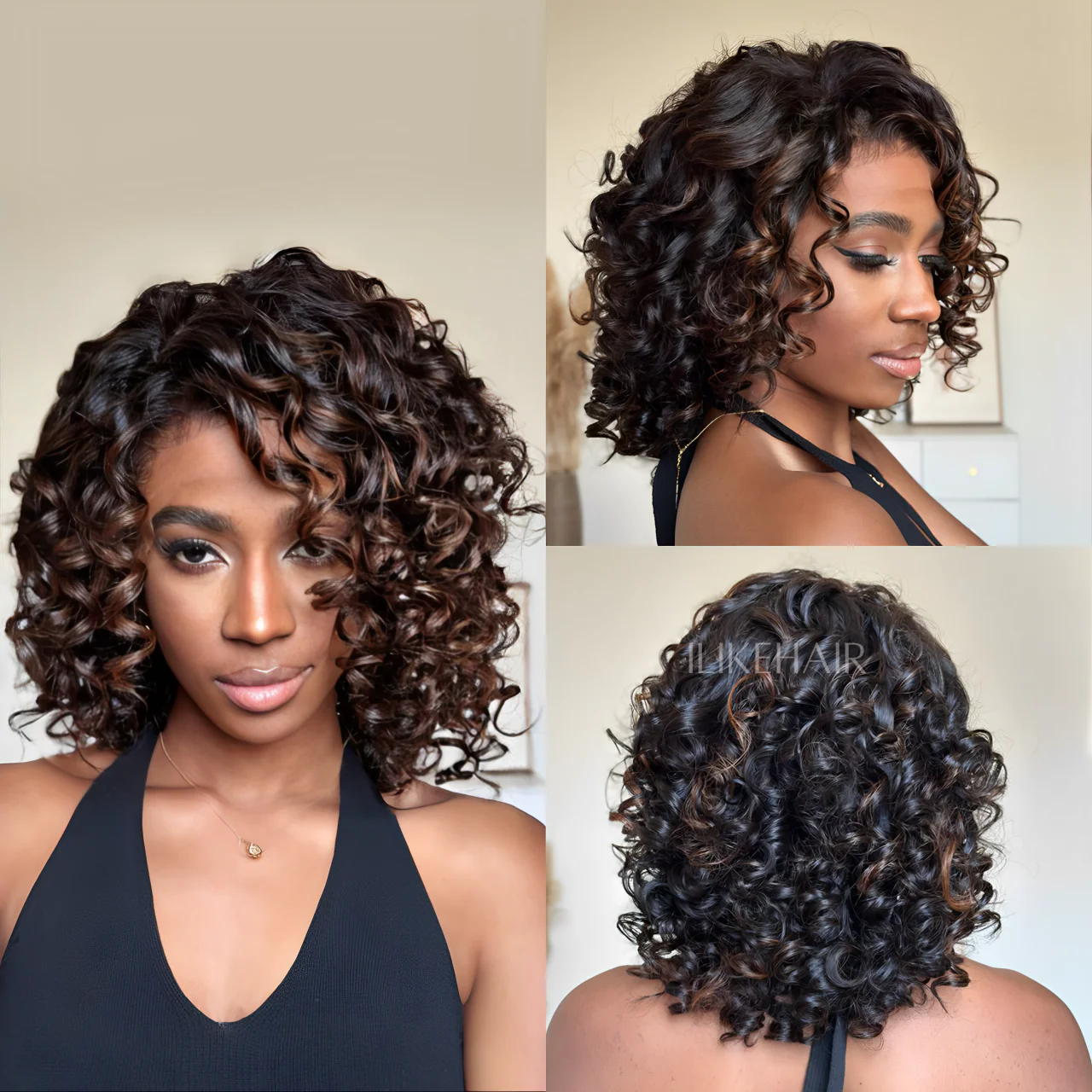 Short Bob Bouncy Loose Curly Blonde Highlight Lace Front Wig