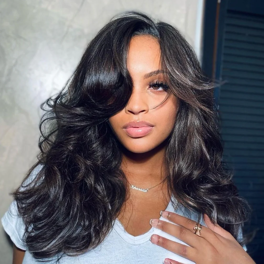 Layered Cut 5x5 Closure Wavy Glueless Lace Wig Side Bangs Human Hair