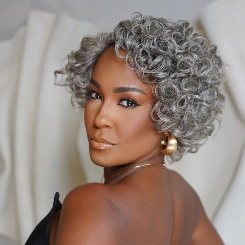 Glueless Ash Grey Rose Curly Bob Human Hair Wig
