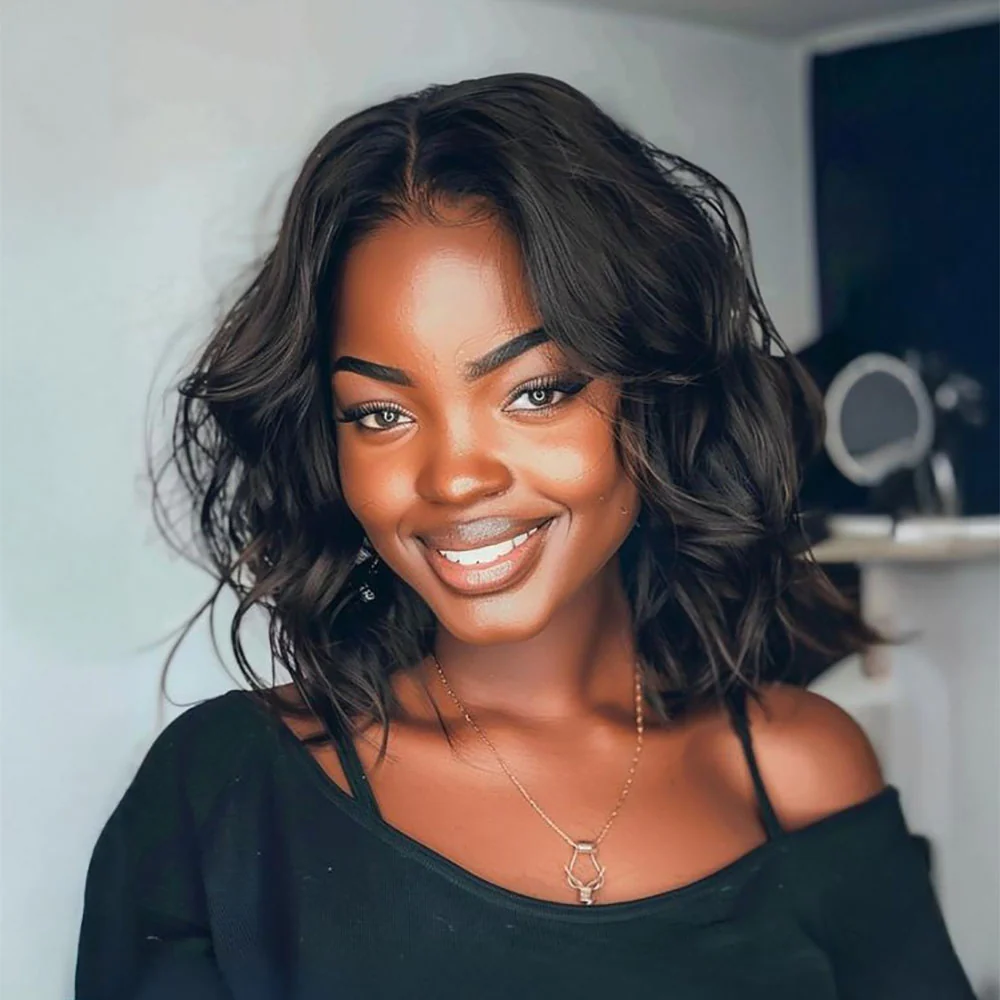 Fluffy Free Style Black Layered Cut Wavy Bob 13x4 Lace Front Wig