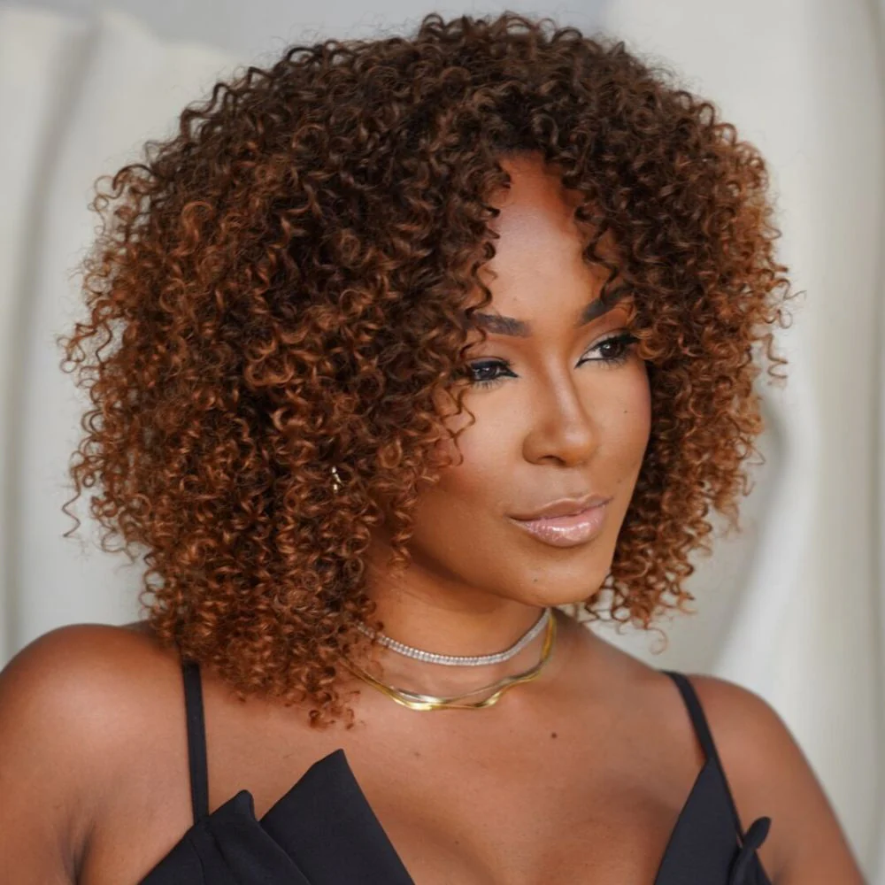 Glueless Dark Brown Mix Light Auburn Curly Wig With Bangs