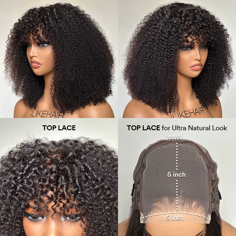 Natural Afro Kinky Curly With Bangs 5x5 Lace Closure Wig