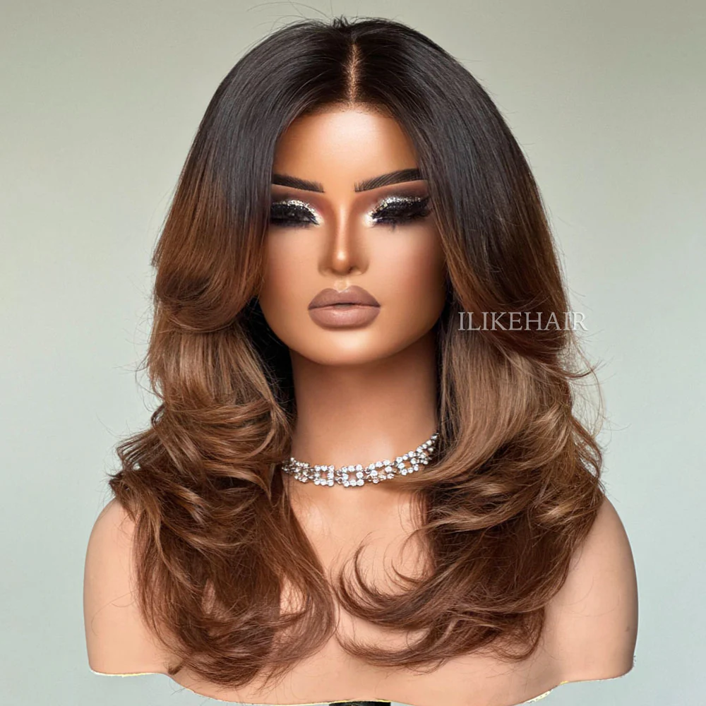 Ombre Brown Layered Wavy With Curtain Bangs Lace Closure Wig