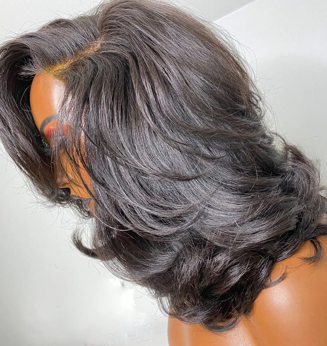 Designer Layered Short Wavy Human Hair 5x5 Lace Closure Wig