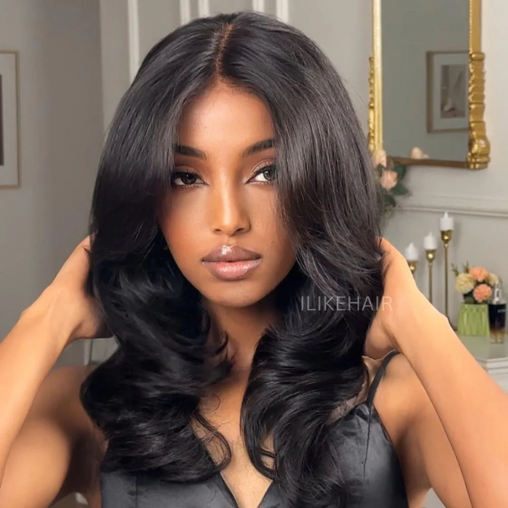 Put on & Go Long Natural Wavy Curtain Bangs Human Hair Lace Wig