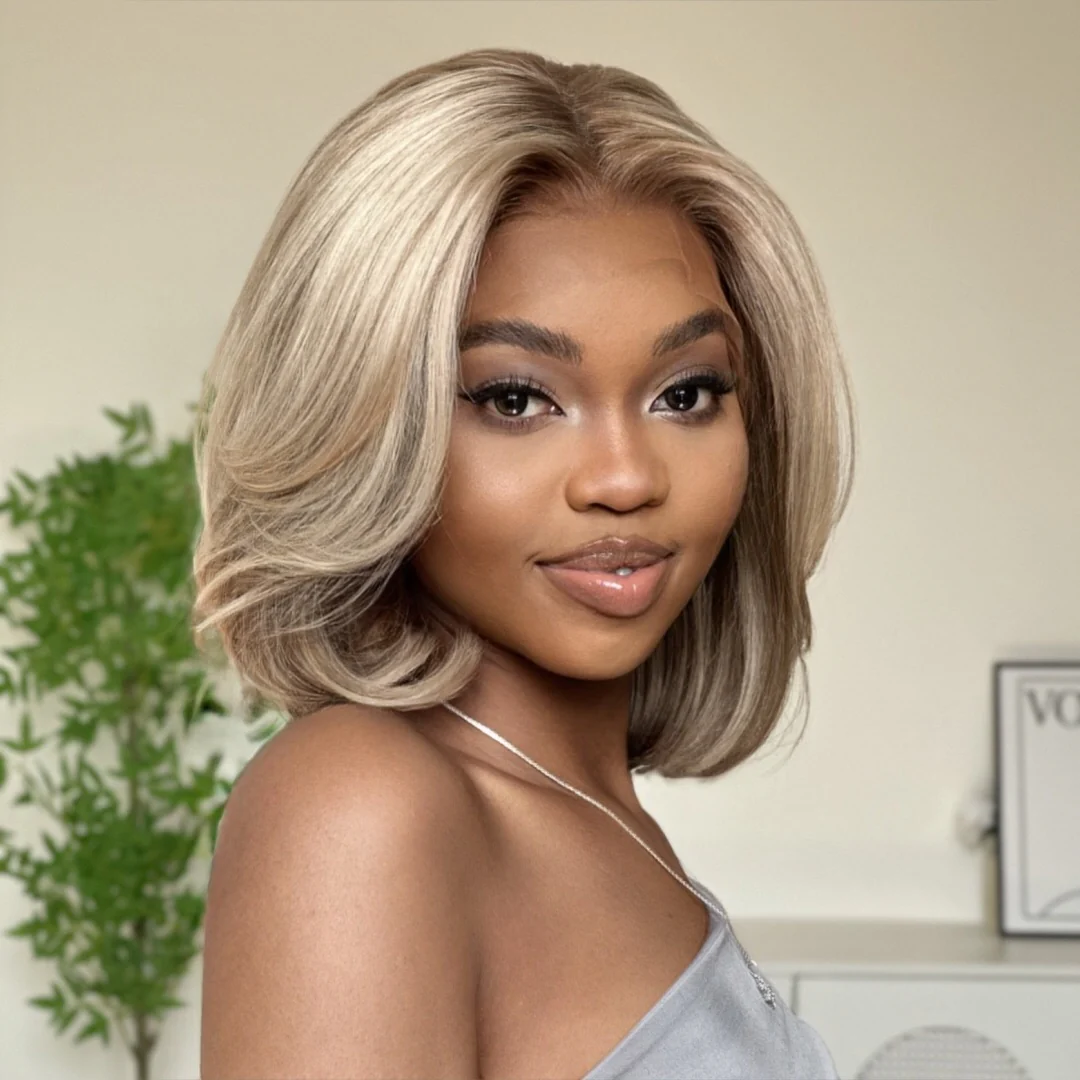Ombre Ash Blonde Layered Cut Blowout Bob 13��4 Lace Frontal Wig