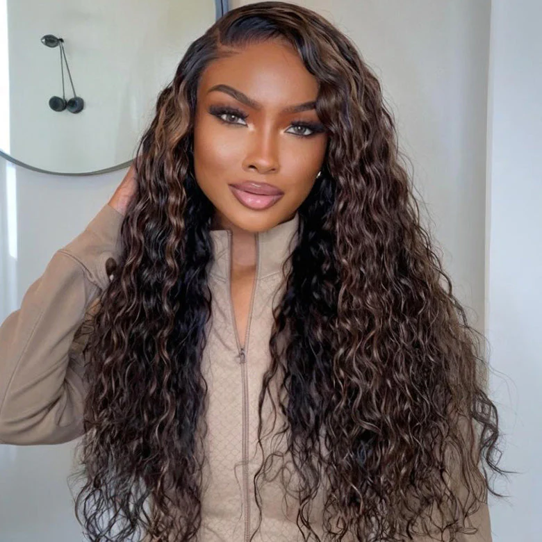 Glueless Golden Brown Highlight Wig Water Wave Curly Lace Closure Wig
