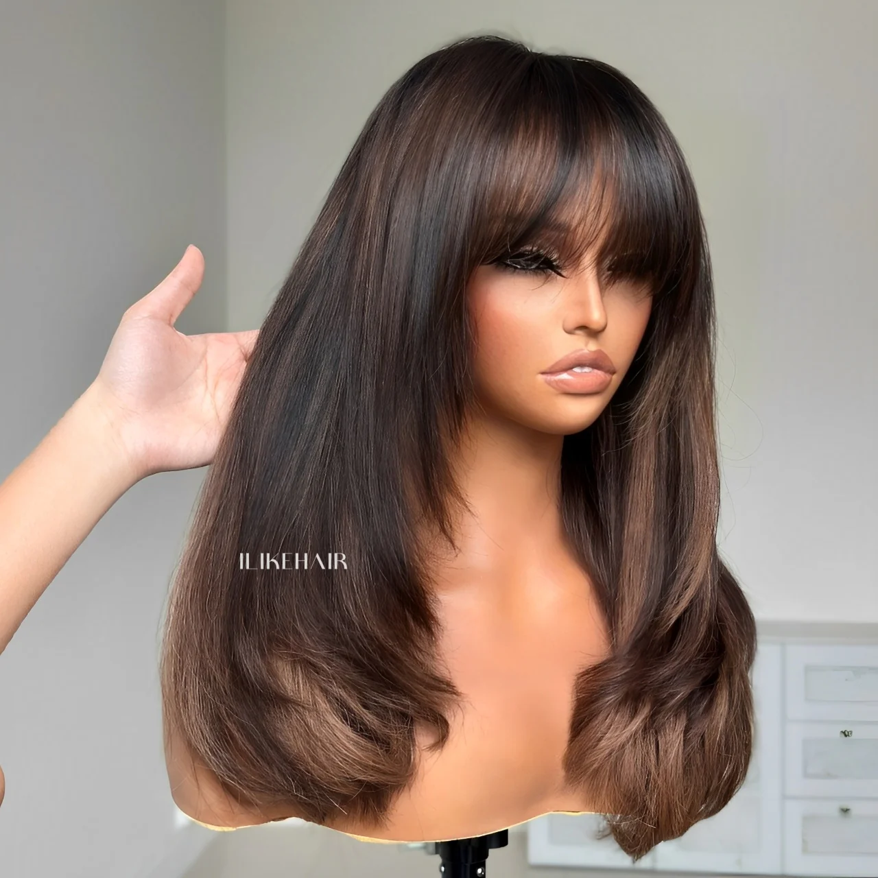 Brown Highlight With Bang Layered Cut 5��5 Lace Human Hair Wig