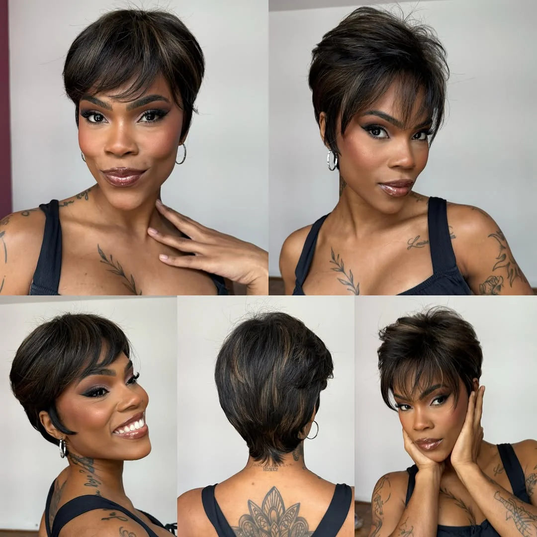 Put On & Go Brown Highlight Layered Pixie Cut Wig With Bangs