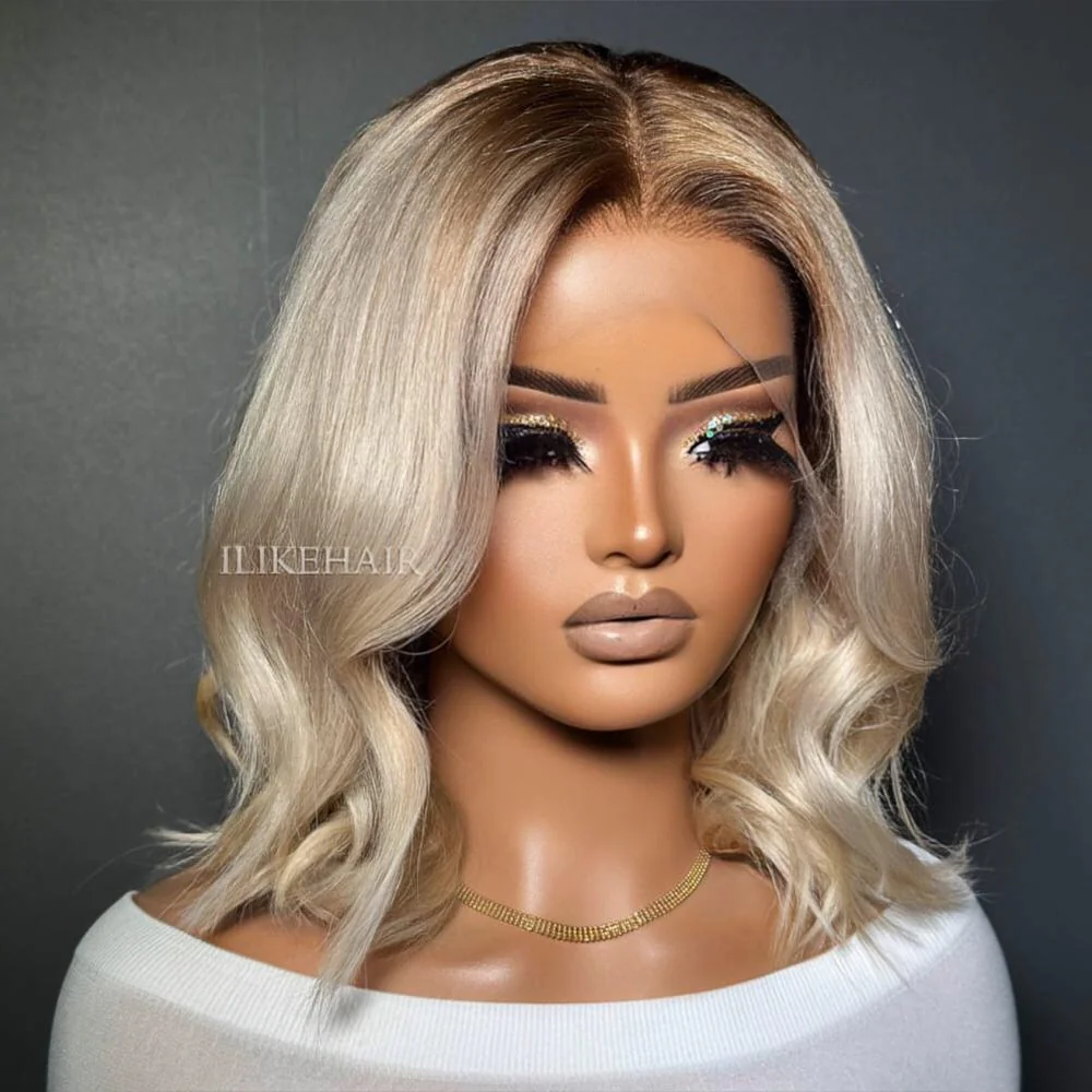 Shoulder Length Blonde Wavy Dark Roots 13x4 Lace Front Wig