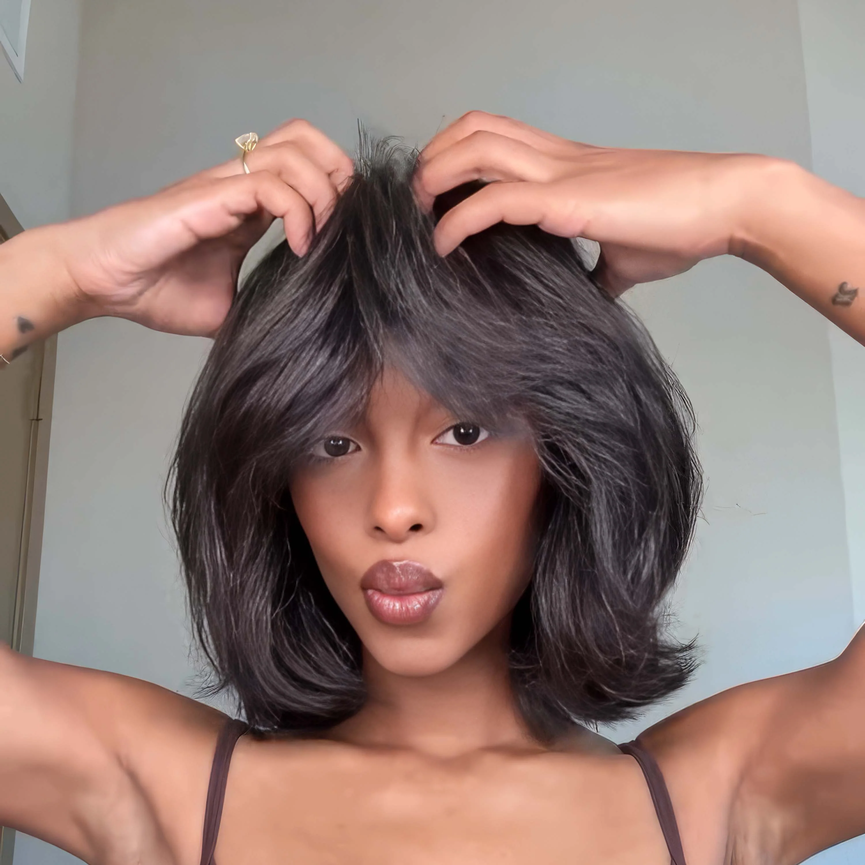 Natural Kinky Straight Layered Blowout Bob Lace Wig