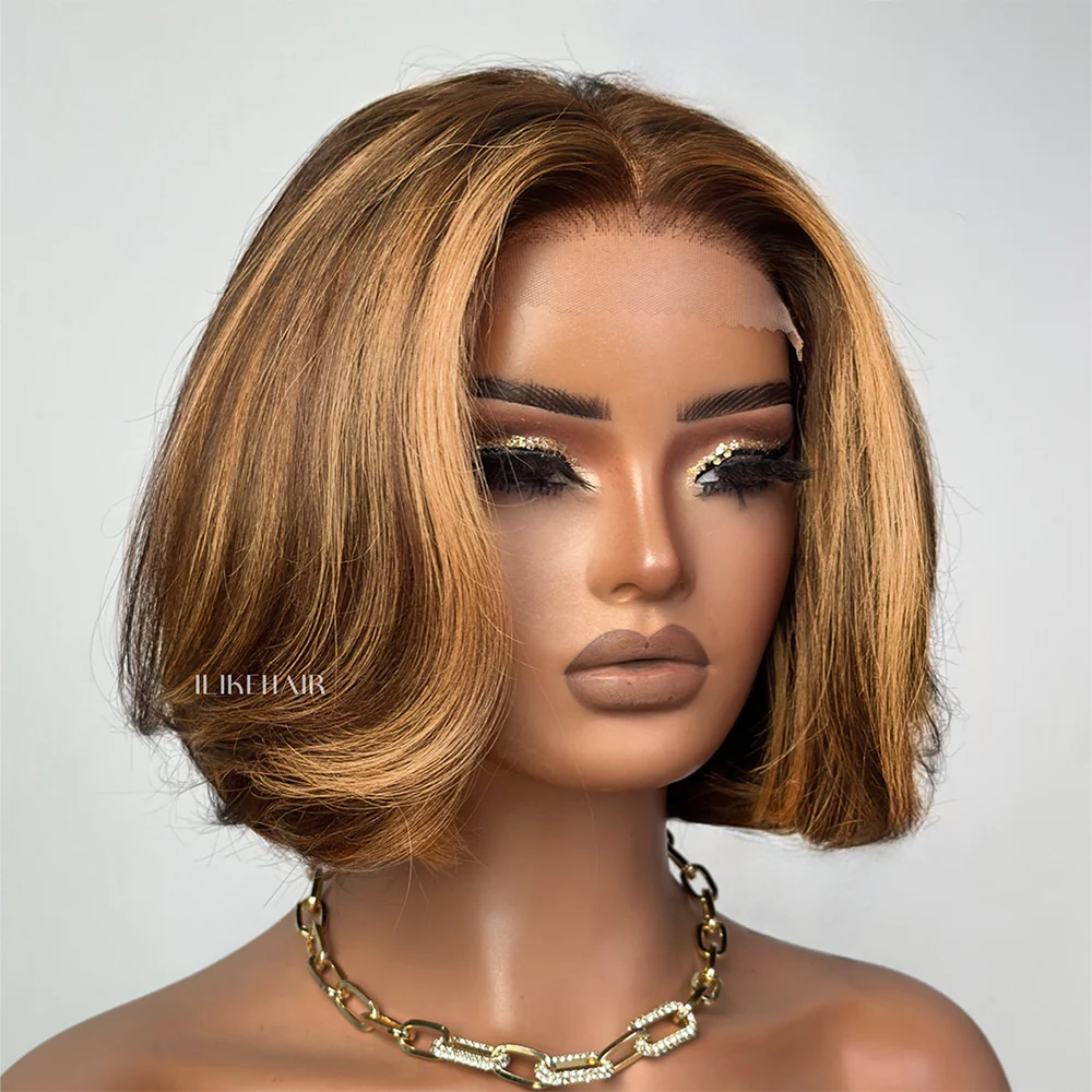 Brown With Blonde Highlights Wavy Bob Lace Closure Wig