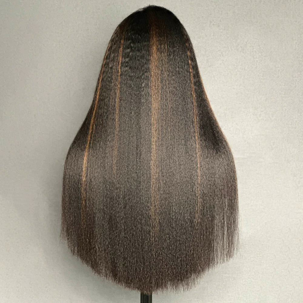 Natural Black Mix Brown Highlights Straight 13x4 HD Lace Front With Kinky Edges Wig