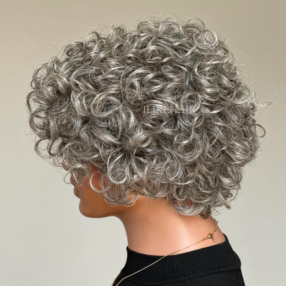 Glueless Ash Grey Rose Curly Bob Human Hair Wig
