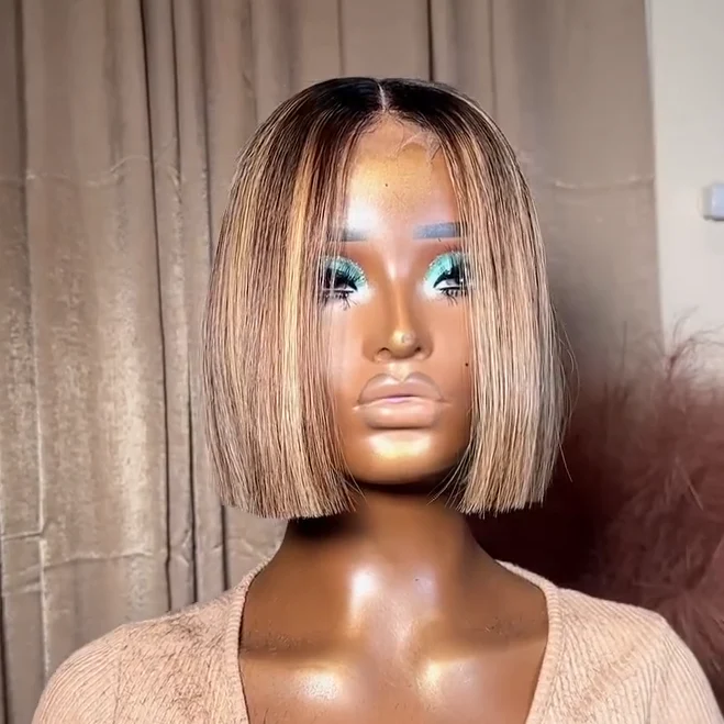 613 Ombre Blonde Highlight with Brown Blunt Cut Bob Wig