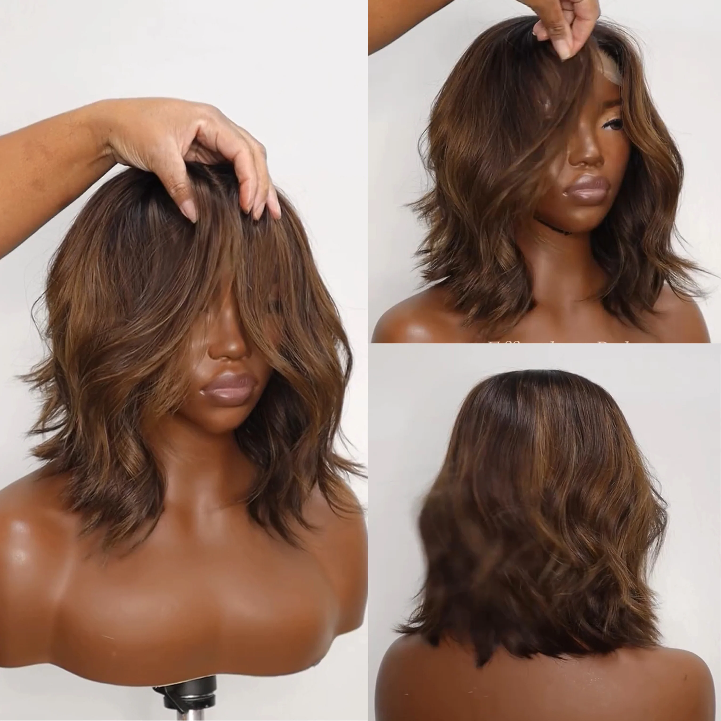Glueless Brown Highlight Fluffy Bob Cut 5x5 Lace Closure Wig