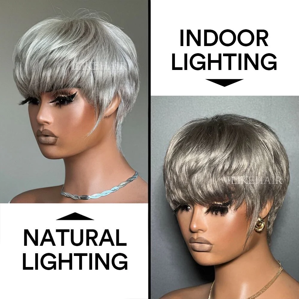 Ash Grey Layered Pixie Cut Glueless Human Hair Wig With Bangs