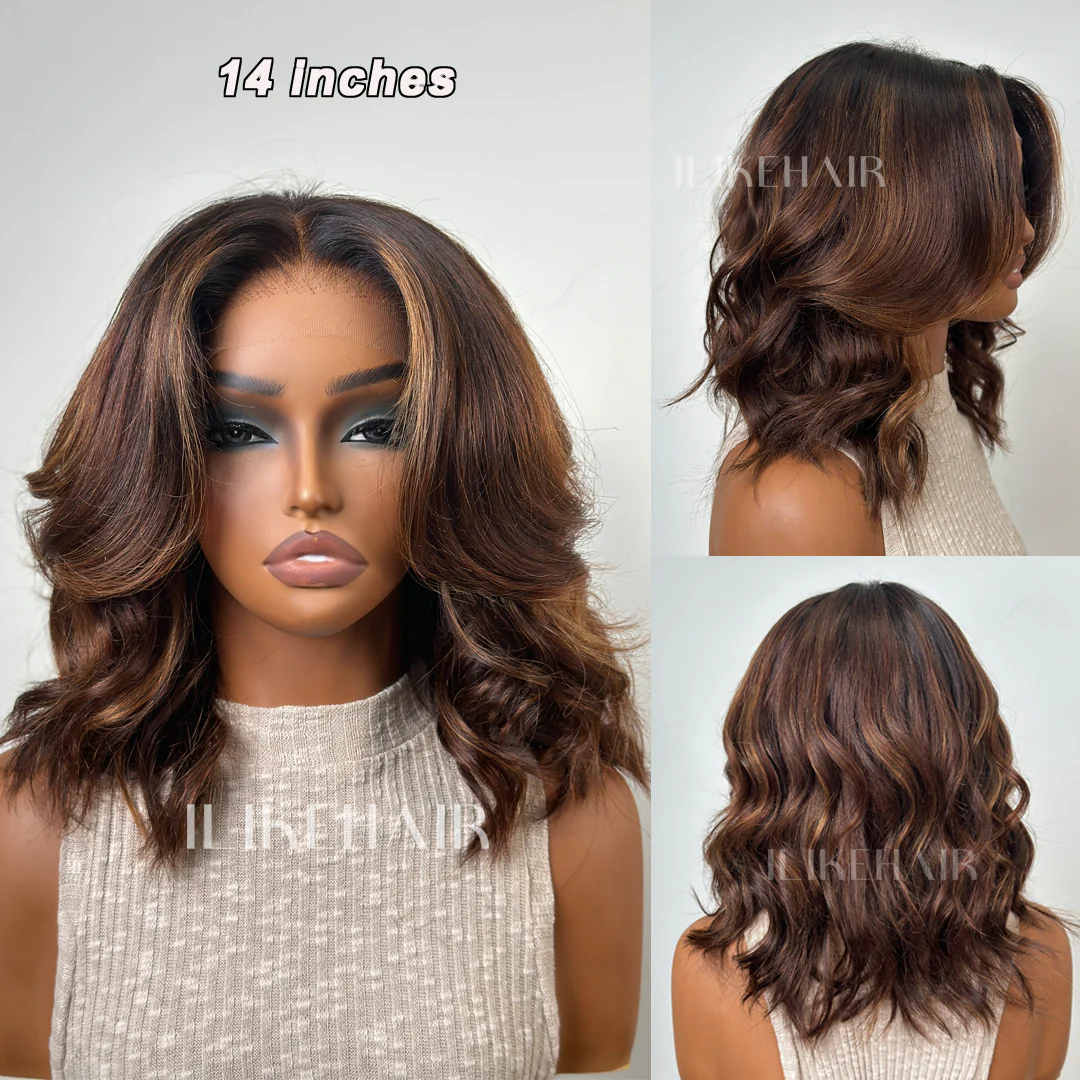 Glueless Brown Highlight Fluffy Bob Cut 5x5 Lace Closure Wig