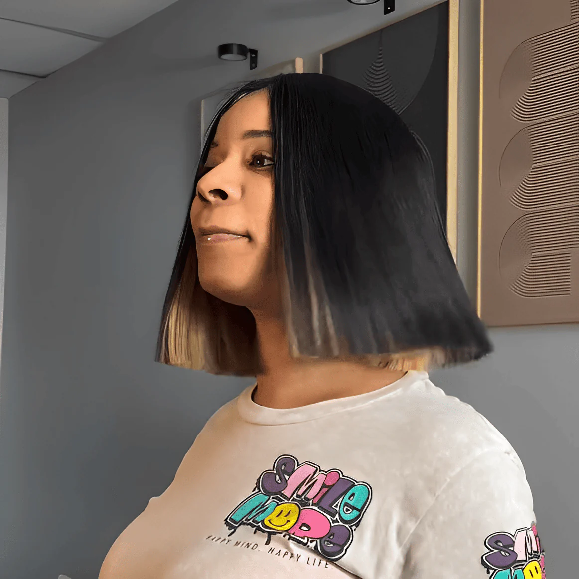 Black Mix Blonde Straight Blunt Cut Bob 5x5 Lace Closure Wig