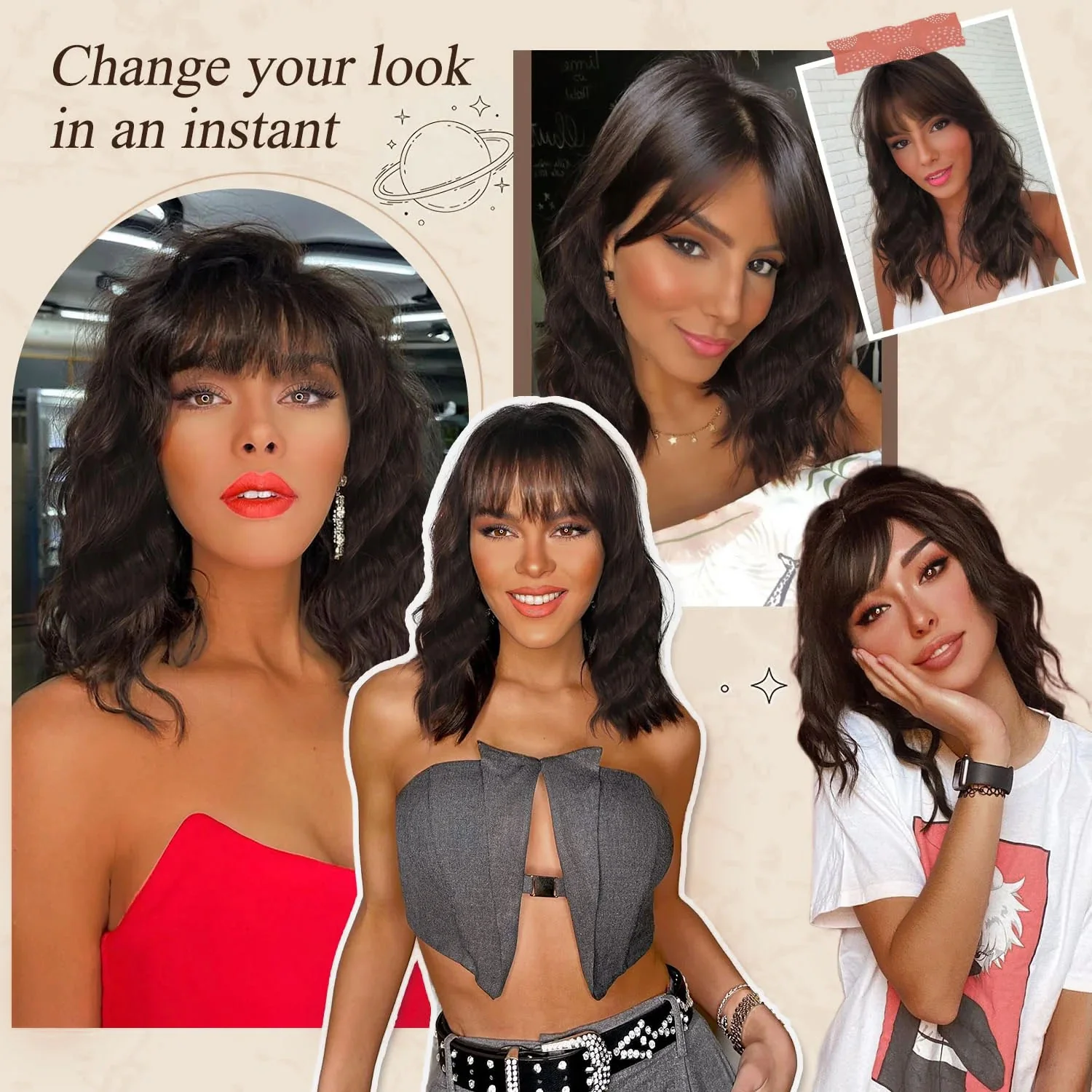 Brown Wavy Glueless Wig with Bangs Chocolate Brown Shoulder Length Human Hair Wigs