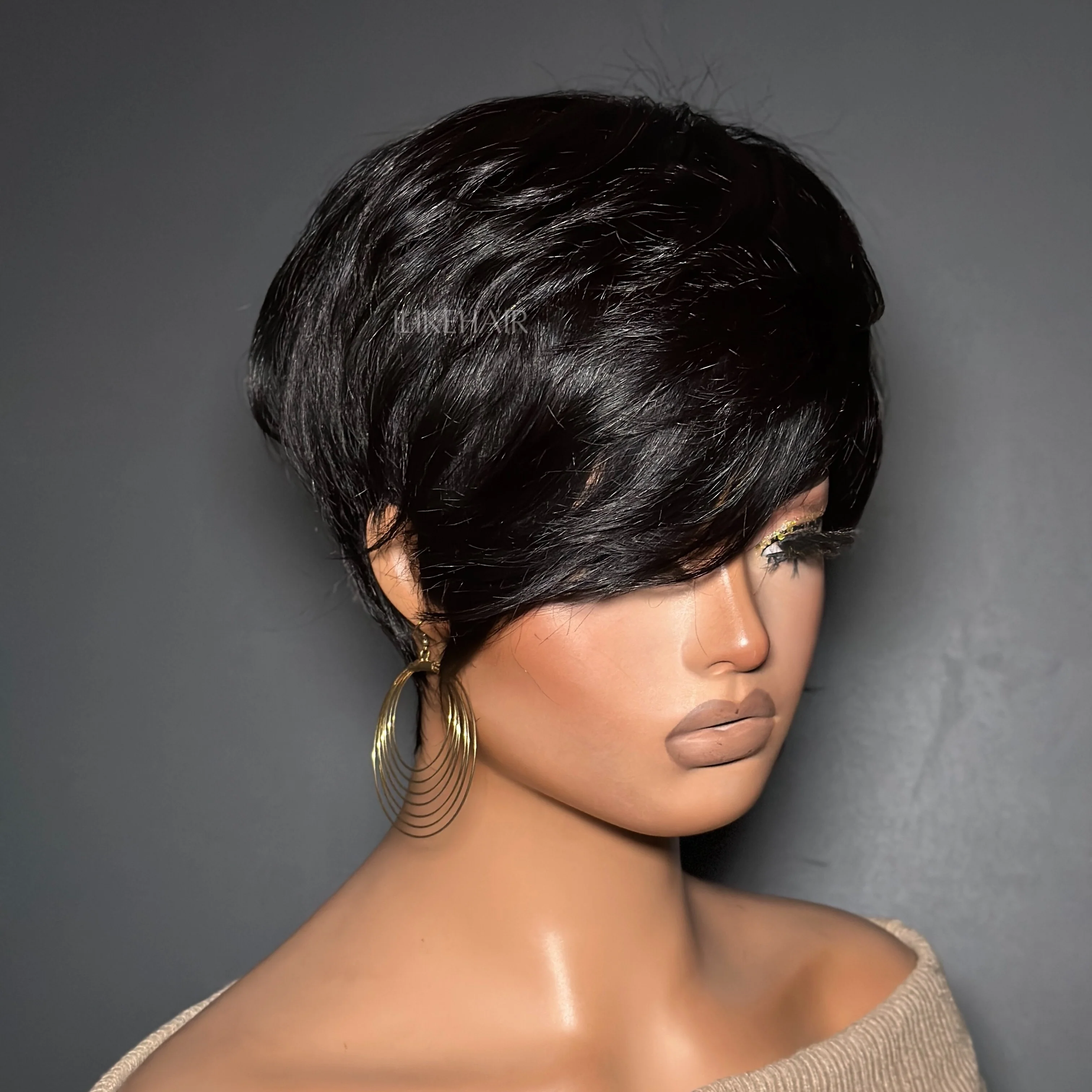 Short Pixie Cut With Long Bangs Glueless Human Hair Wig