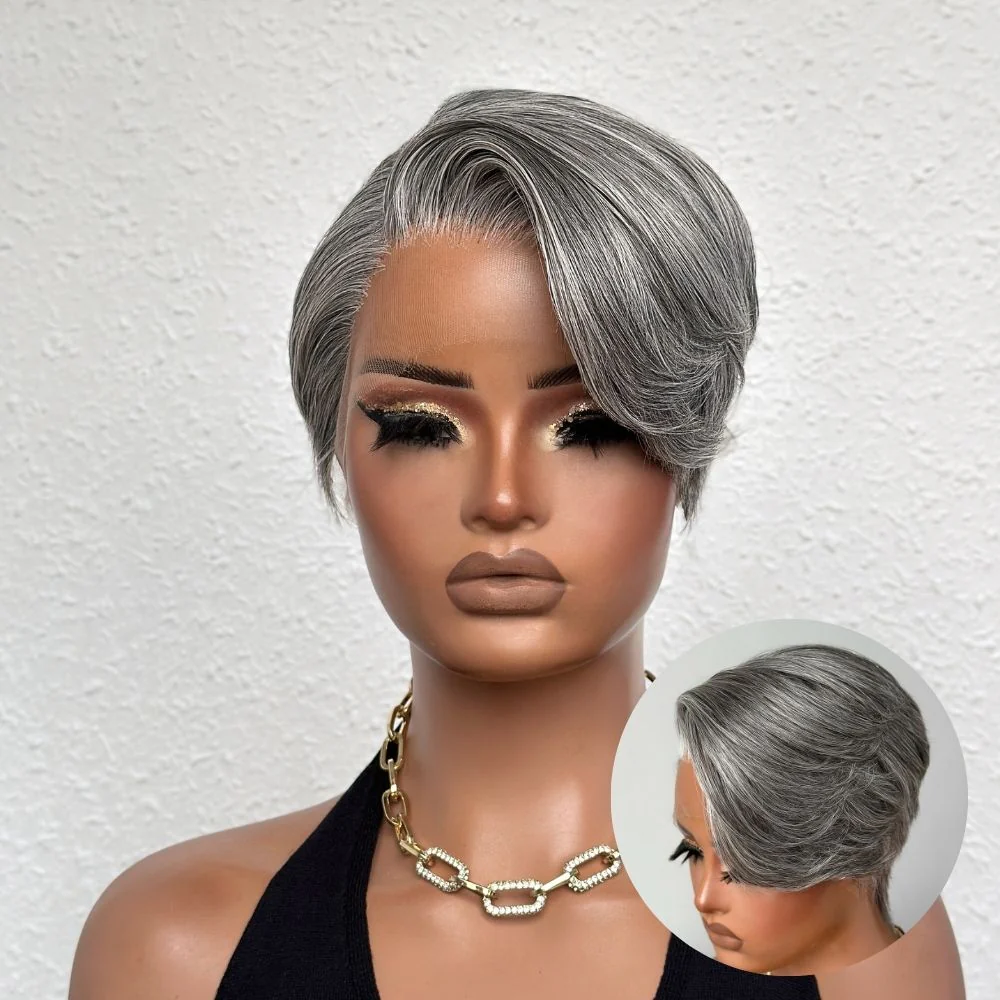 Salt and Pepper Pixie Cut 13x4 Wig with Layers