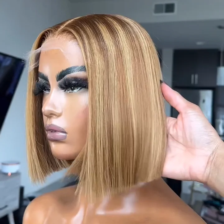 613 Ombre Blonde Highlight with Brown Blunt Cut Bob Human Hair Wig