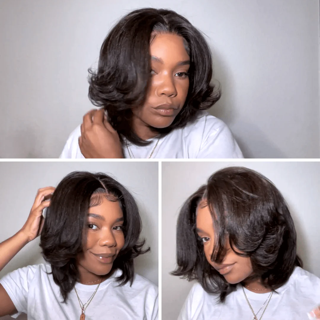Put on & Go Layered Bob Short Wavy Glueless Human Hair Lace Wig