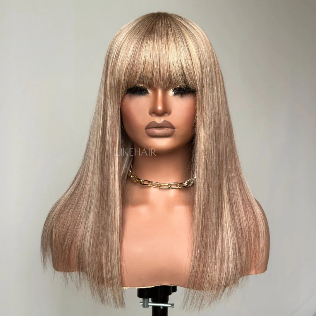 P10/613 Blonde Highlight Straight Glueless Human Hair Wig With Bangs