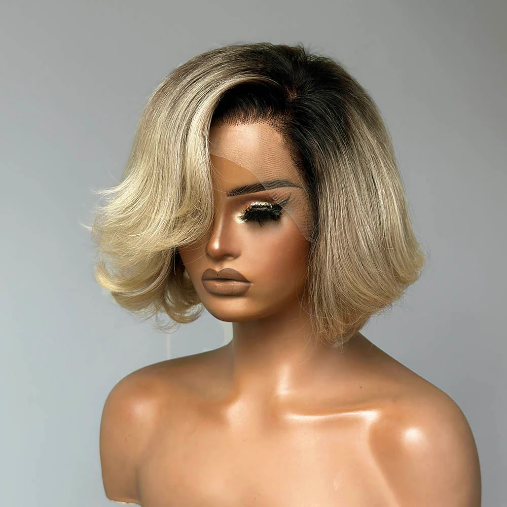 Blonde with Dark Roots Side Part 13x4 Lace Frontal Bob Wig