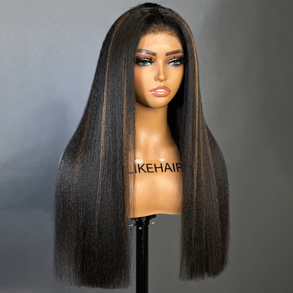 Natural Black Mix Brown Highlights Straight 13x4 HD Lace Front With Kinky Edges Wig