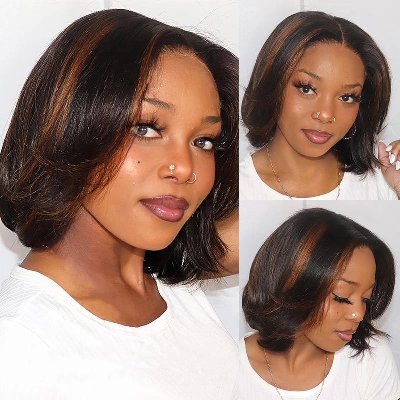 Glueless Short Pixie Cut Human Hair Lace Front Highlight Bob Wig